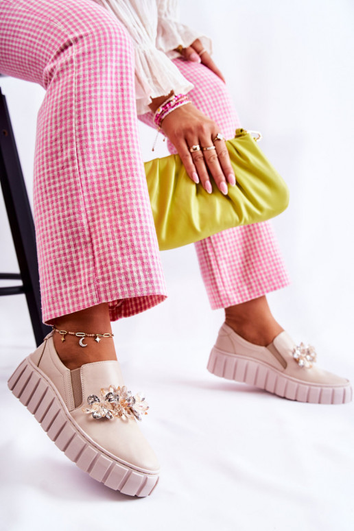 Natūralios odos sportbačiai Slip-On su ornamentais smėlio spalvos Mirana