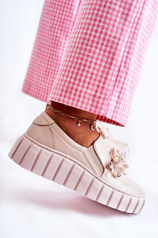 Natūralios odos sportbačiai Slip-On su ornamentais smėlio spalvos Mirana