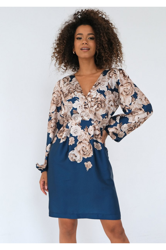 Noemi - mini suknelė su gėlių raštais tamisia mėlynos spalvos