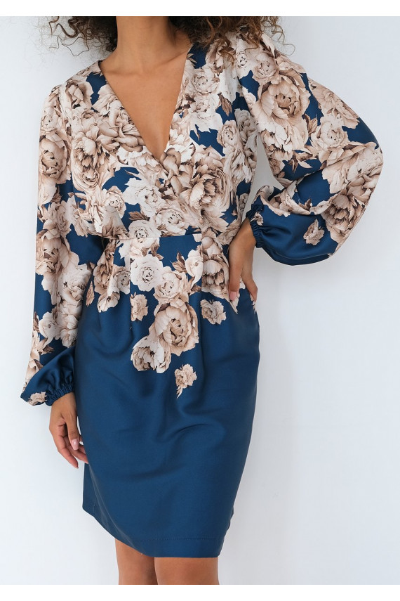 Noemi - mini suknelė su gėlių raštais tamisia mėlynos spalvos