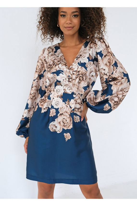 Noemi - mini suknelė su gėlių raštais tamisia mėlynos spalvos