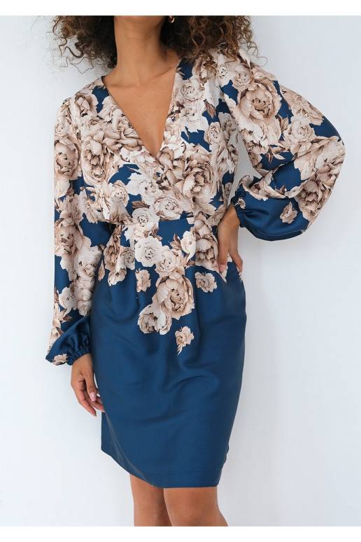 Noemi - mini suknelė su gėlių raštais tamisia mėlynos spalvos