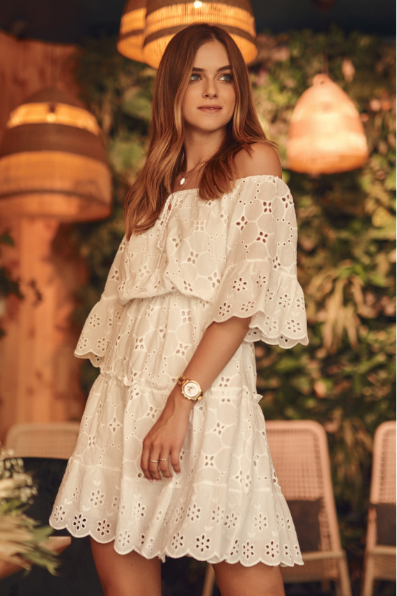 Ažūrinė suknelė ispaniško stiliaus balkšvos spalvos FG592