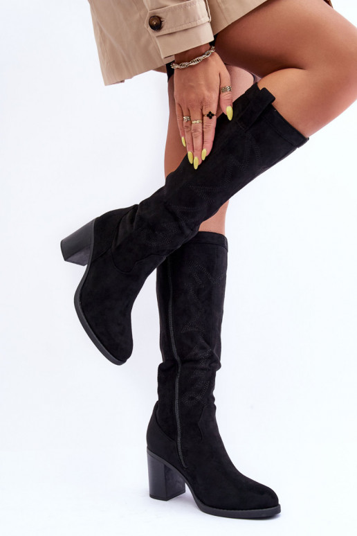 iš zomšos moteriški ilgaauliai batai su kulniukais juodos spalvos Khabira