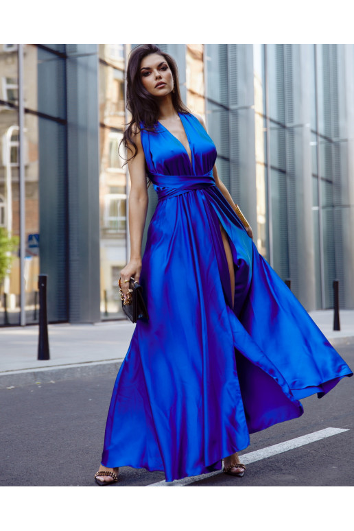 Vakarinė satininė suknelė MAXI ilgio  karališkos mėlynos spalvos 02798