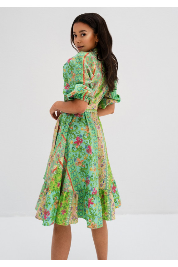 Birdie - žalsvų atspalvių  bohemiško stiliaus  MIDI suknelė 3/4 rankovėmis