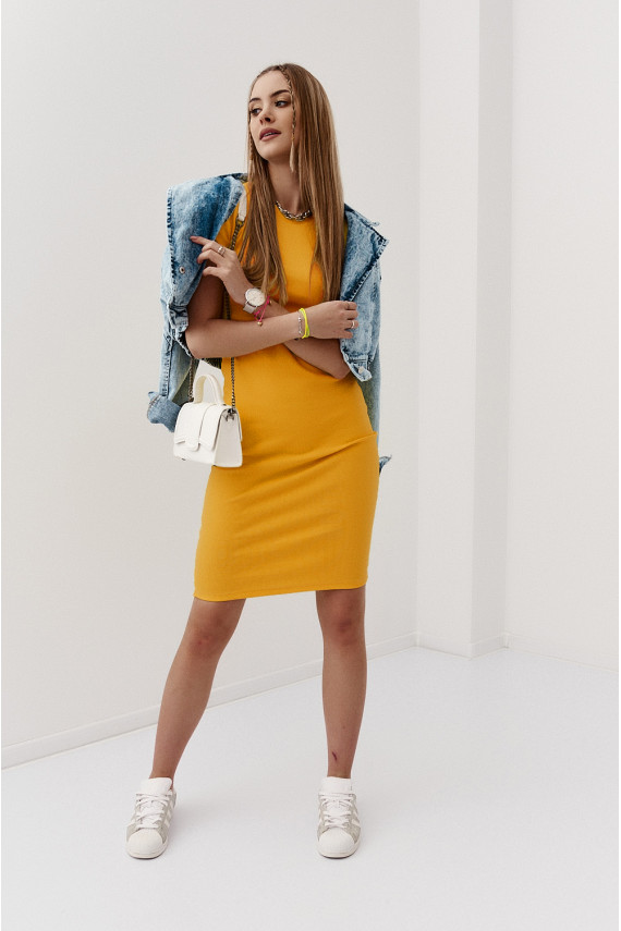  suknelė trumpomis rankovėmis garstyčių spalvos TS286