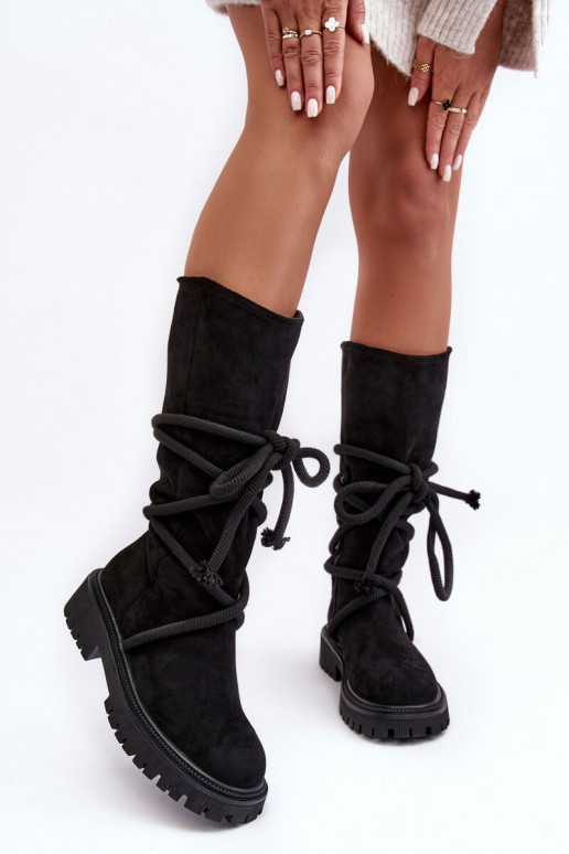 iš zomšos moteriški ilgaauliai batai su stilingomis detalėmis juodos spalvos Tanive