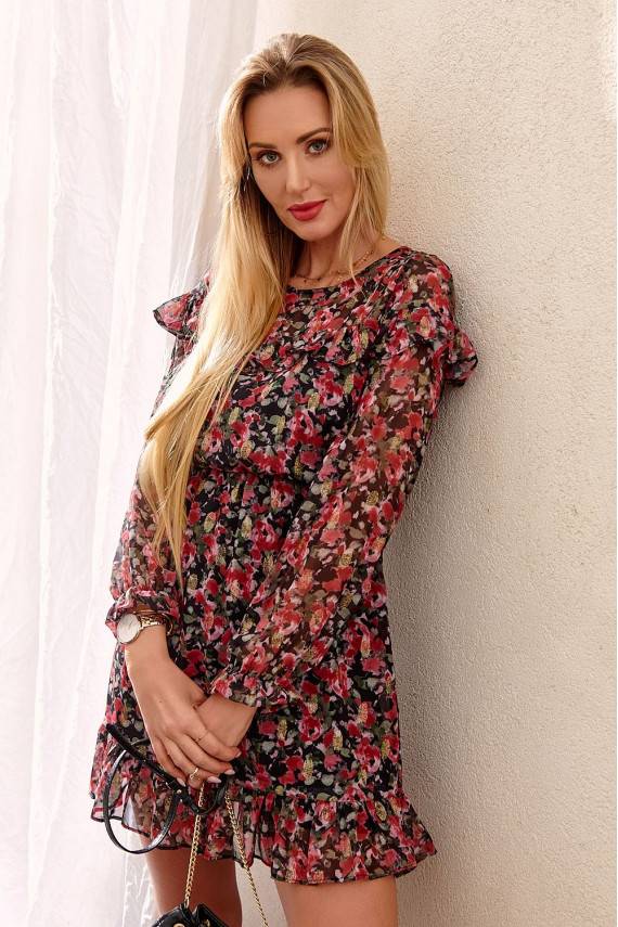 Subtilaus dizaino suknelė su gėlių raštais  su raukinukais bordo spalvos PR32497