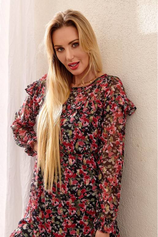 Subtilaus dizaino suknelė su gėlių raštais  su raukinukais bordo spalvos PR32497