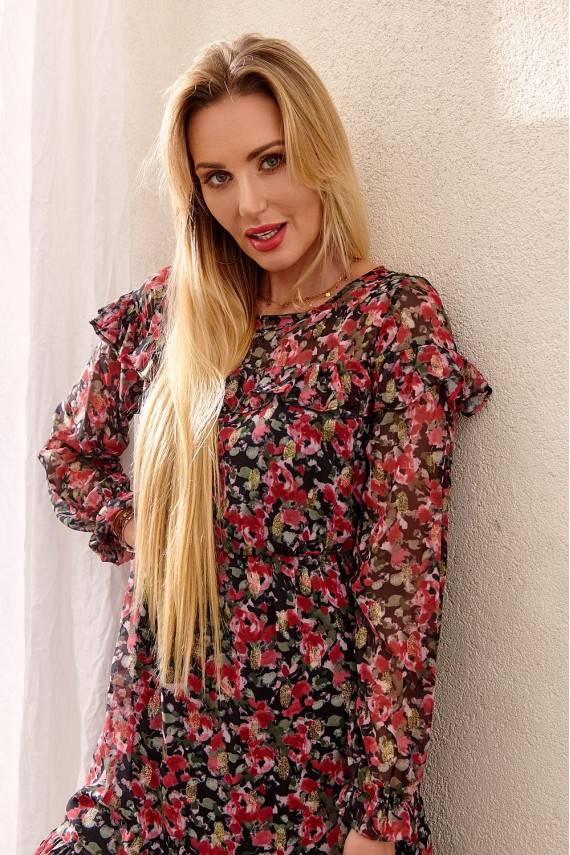 Subtilaus dizaino suknelė su gėlių raštais  su raukinukais bordo spalvos PR32497