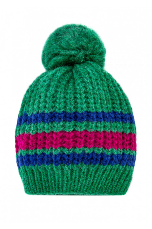 Žalios spalvos dryžuota šilta žieminė kepurė 