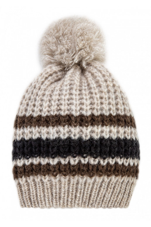 Smėlio spalvos dryžuota šilta žieminė kepurė 