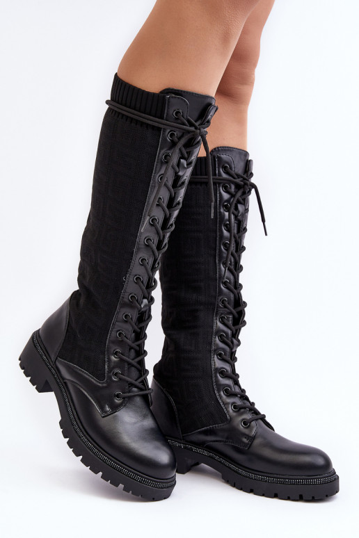 moteriški ilgaauliai batai su raišteliais su elastinga viršutine dalimi juodos spalvos Virxinia