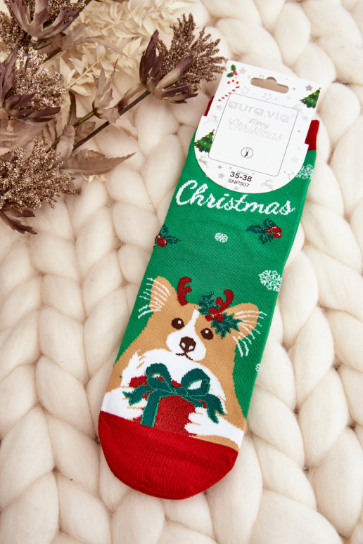Kalėdinės kojinės su šuniukais žalios spalvos