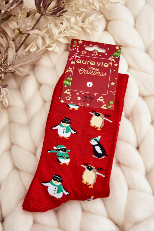  medvilninės kalėdinės kojinės su pingvinais raudonos spalvos