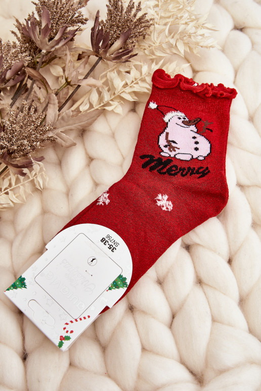   Blizgančios Kalėdinės kojinės  su sniego seniais raudonos spalvos