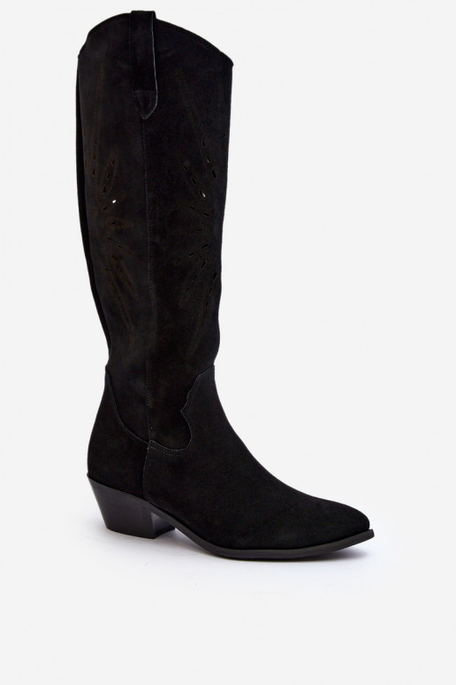 Zazoo 2909 iš zomšos ilgaauliai batai su aužūro elementais žemu kulniuku juodos spalvos