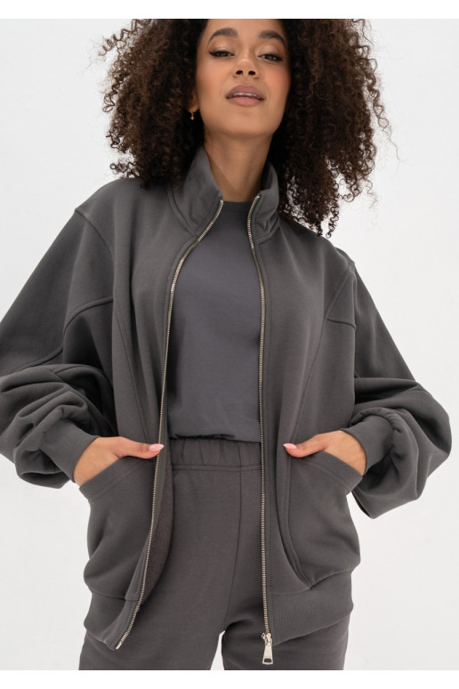 Pagrindas – Tamsiai akmens pilkos spalvos oversize megztinis su užtrauktuku