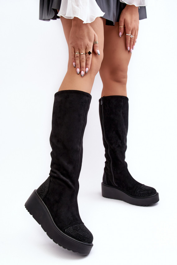 moteriški ilgaauliai batai iš zomšos su platforma S.Barski HY53-8 juodos spalvos