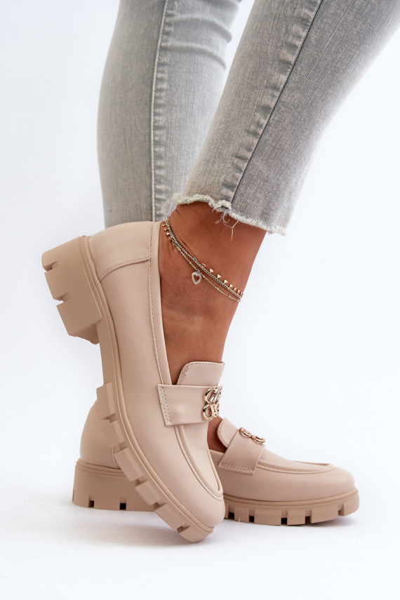 Elegantiško stiliaus moteriški mokasinai su aukso spalvos detalėmis smėlio spalvos Tosisa