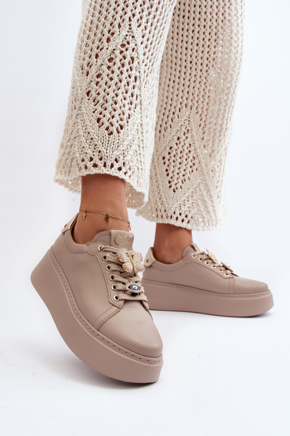     Sneakers modelio batai su gražiomis detalėmis CheBello 4292 smėlio spalvos