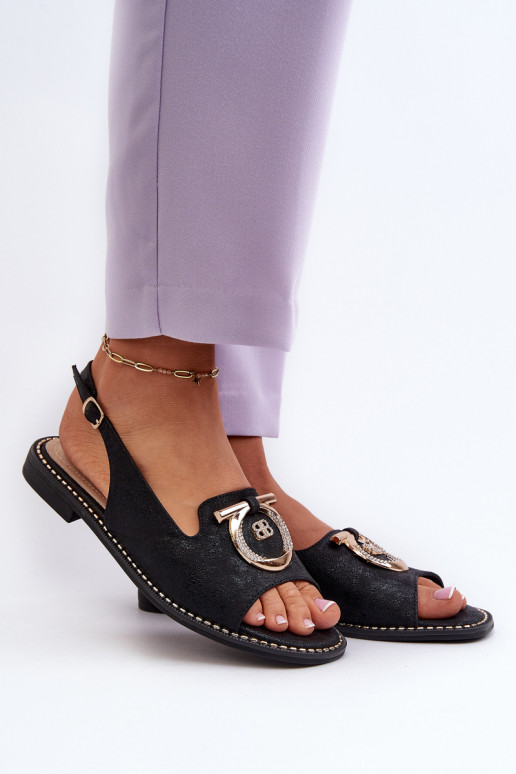 Elegantiško stiliaus Moteriškos basutės su aukso spalvos detalėmis su plačiais kulniukais juodos spalvos S.Barski KV27-053