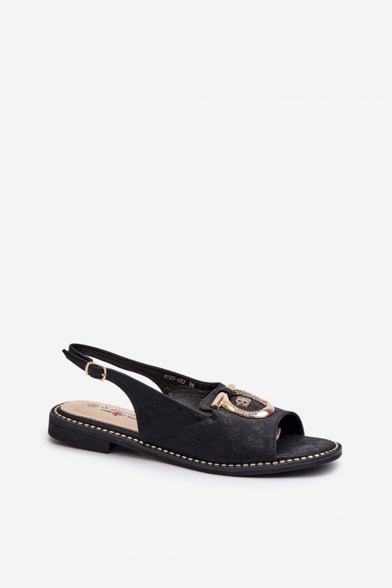 Elegantiško stiliaus Moteriškos basutės su aukso spalvos detalėmis su plačiais kulniukais juodos spalvos S.Barski KV27-053