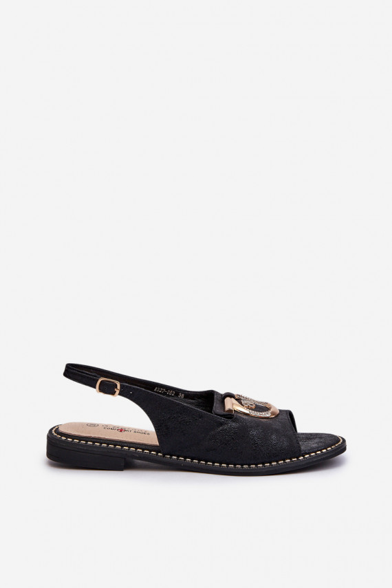 Elegantiško stiliaus Moteriškos basutės su aukso spalvos detalėmis su plačiais kulniukais juodos spalvos S.Barski KV27-053