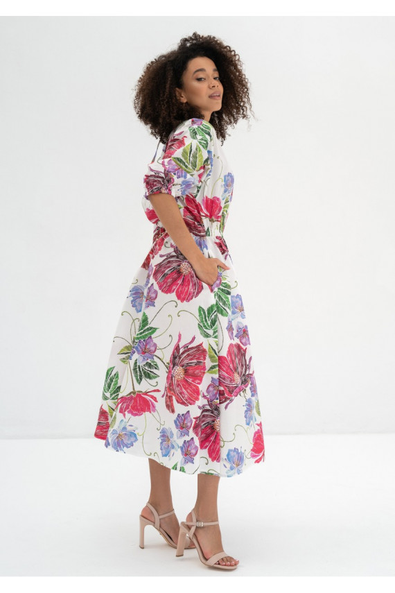 Mabel - Ecru gėlėta platėjanti midi suknelė