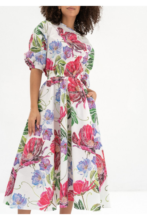Mabel - Ecru gėlėta platėjanti midi suknelė