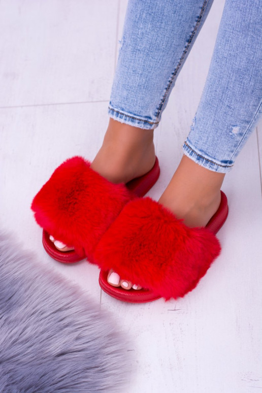 Guminės šlepetės su kailiuku raudonos...