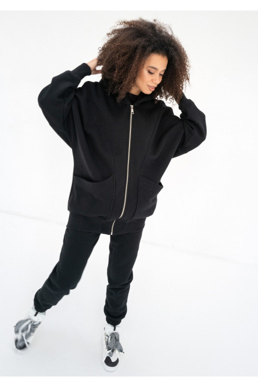 Amala – juodas oversize džemperis su gobtuvu su užtrauktuku