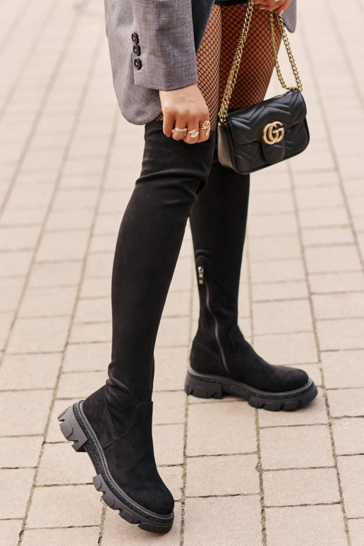 moteriški ilgaauliai batai virš kelių iš eko zomšosowe juodos spalvos Irithalla