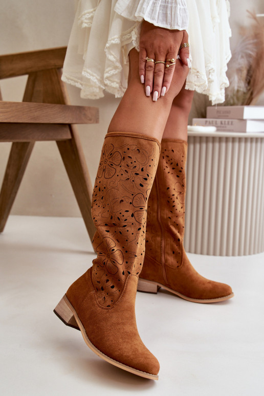 su aužūro elementais moteriški ilgaauliai batai žemu kulniuku iš eko zomšosowe Užsegamos Į Pilį rudos spalvos Orchides