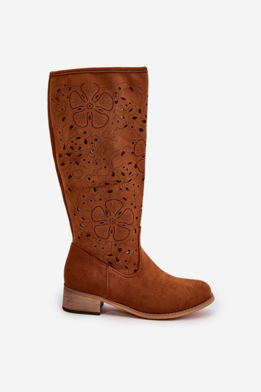 su aužūro elementais moteriški ilgaauliai batai žemu kulniuku iš eko zomšosowe Užsegamos Į Pilį rudos spalvos Orchides