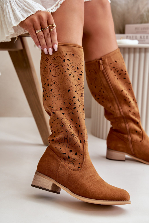 su aužūro elementais moteriški ilgaauliai batai žemu kulniuku iš eko zomšosowe Užsegamos Į Pilį rudos spalvos Orchides