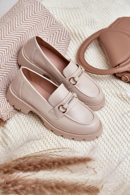 Klasikinio modelio moteriški mokasinai iš eko odos smėlio spalvos Savethira