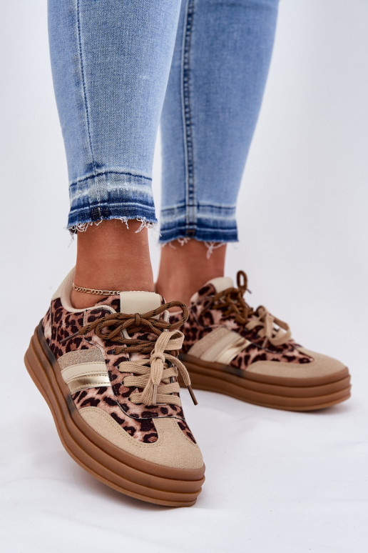 Sneakers modelio batai Moteriškos su platforma Z Podwójnym Suvarstymasm su leopardo kailio raštais smėlio spalvos Niteria