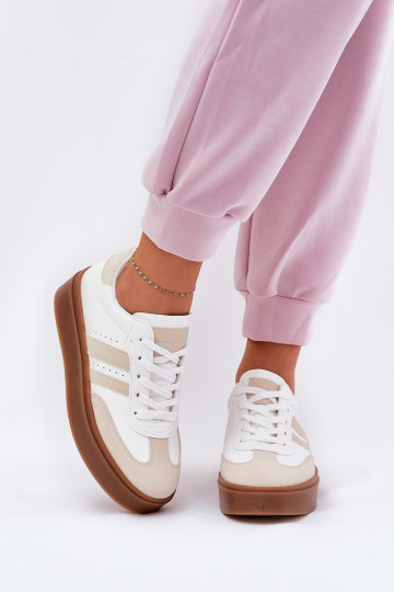 Sneakers modelio batai Moteriškos su platforma iš eko odos smėlio spalvos-baltos spalvos Ediriella