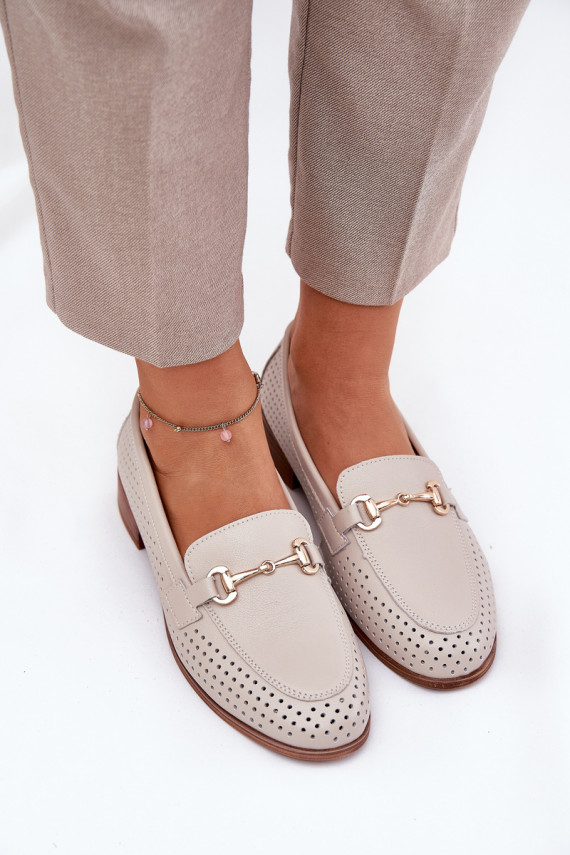 Oda moteriški mokasinai su ornamentais su plačiais kulniukais S.Barski LR51-588 smėlio spalvos