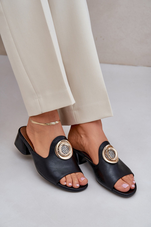 Elegantiško stiliaus Moteriškos šlepetės žemu kulniuku su ornamentais juodos spalvos Feledis