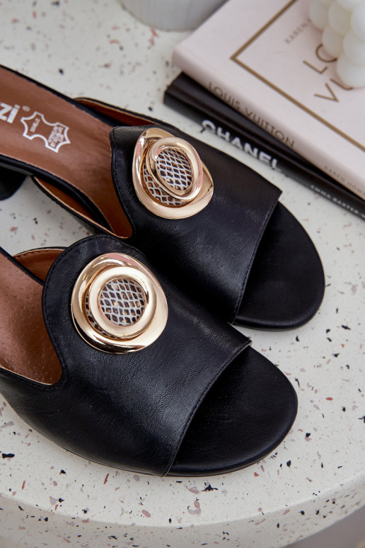 Elegantiško stiliaus Moteriškos šlepetės žemu kulniuku su ornamentais juodos spalvos Feledis