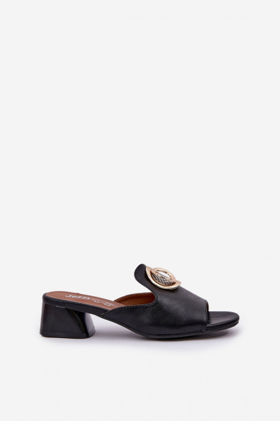 Elegantiško stiliaus Moteriškos šlepetės žemu kulniuku su ornamentais juodos spalvos Feledis