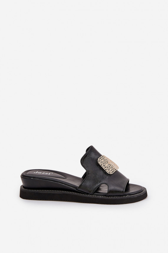 Moteriškos šlepetės Ant pleišto Eko Oda su ornamentais juodos spalvos Sarela