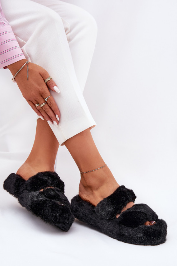 su kailiuku Šlepetės Moteriškos su platforma juodos spalvos Talfedi