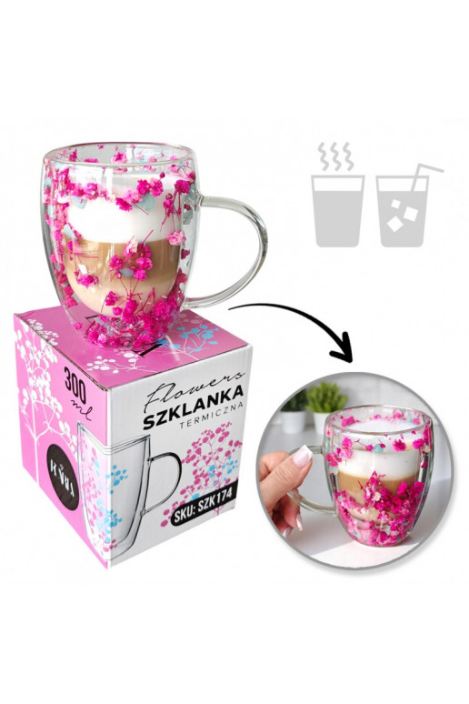 Szklanka termiczna su ami w środku, gipsówka hortensje rožinės spalvos 300 ml 1vnt.  SZK174