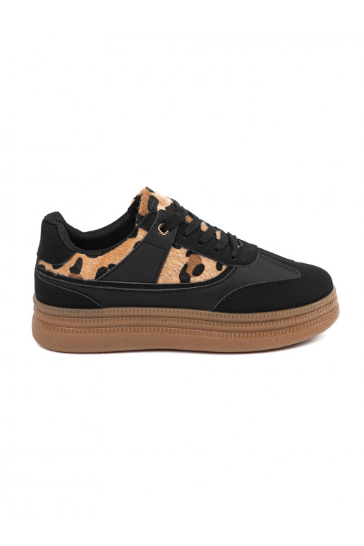 Moteriškos juodos spalvos Sneakers modelio batai z wstawkami leopardo raštas