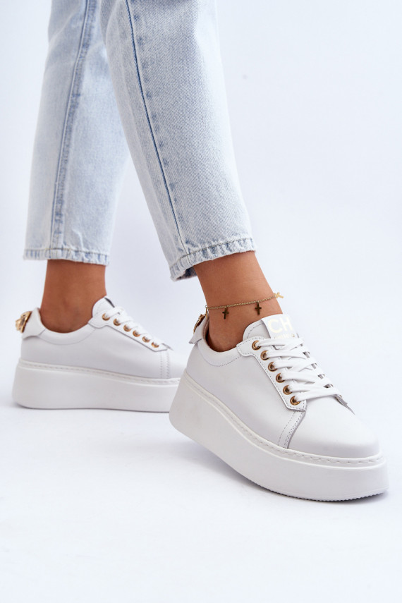 Moteriškos Oda Sneakers modelio batai su platforma CheBello 4367 baltos spalvos