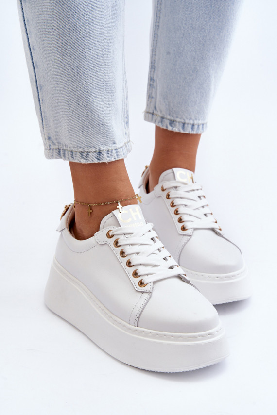 Moteriškos Oda Sneakers modelio batai su platforma CheBello 4367 baltos spalvos